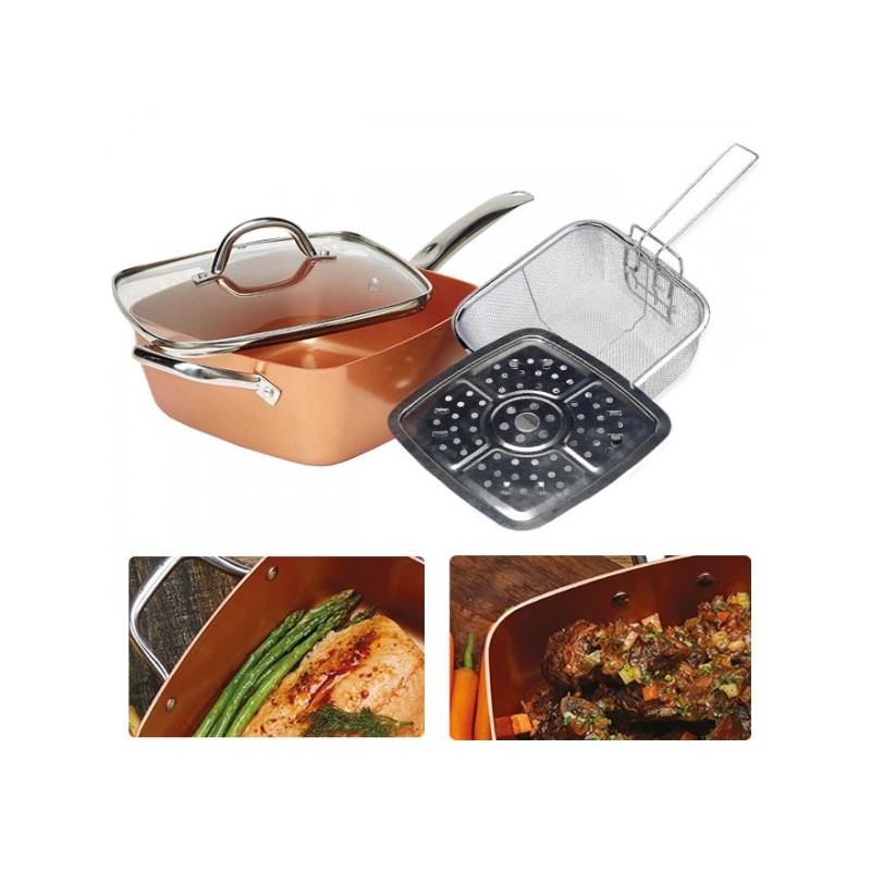 ✓ Copper Pan Chef , padella in rame quadrata +coperchio+cestello per  friggere+base vapore