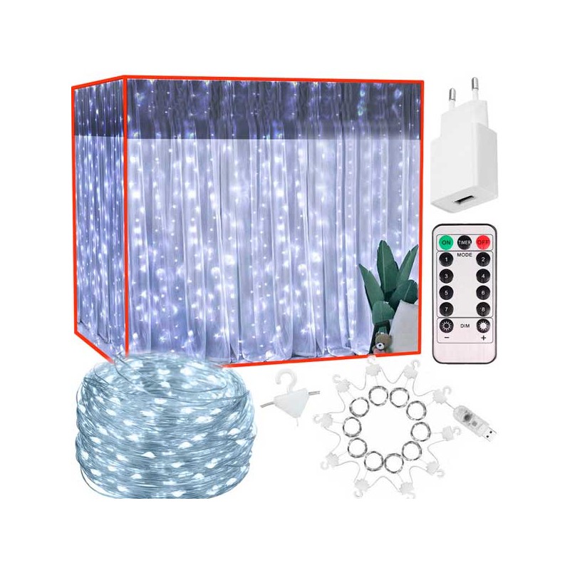 TENDA DI LUCI 3 METRI LUCE FREDDA 300 W CON TELECOMANDO
