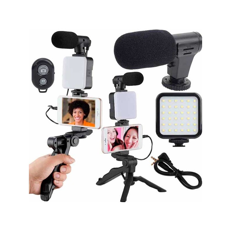 KIT VLOGGING CON MINI MICROFONO CON TRIPODE E LAMPADA LED